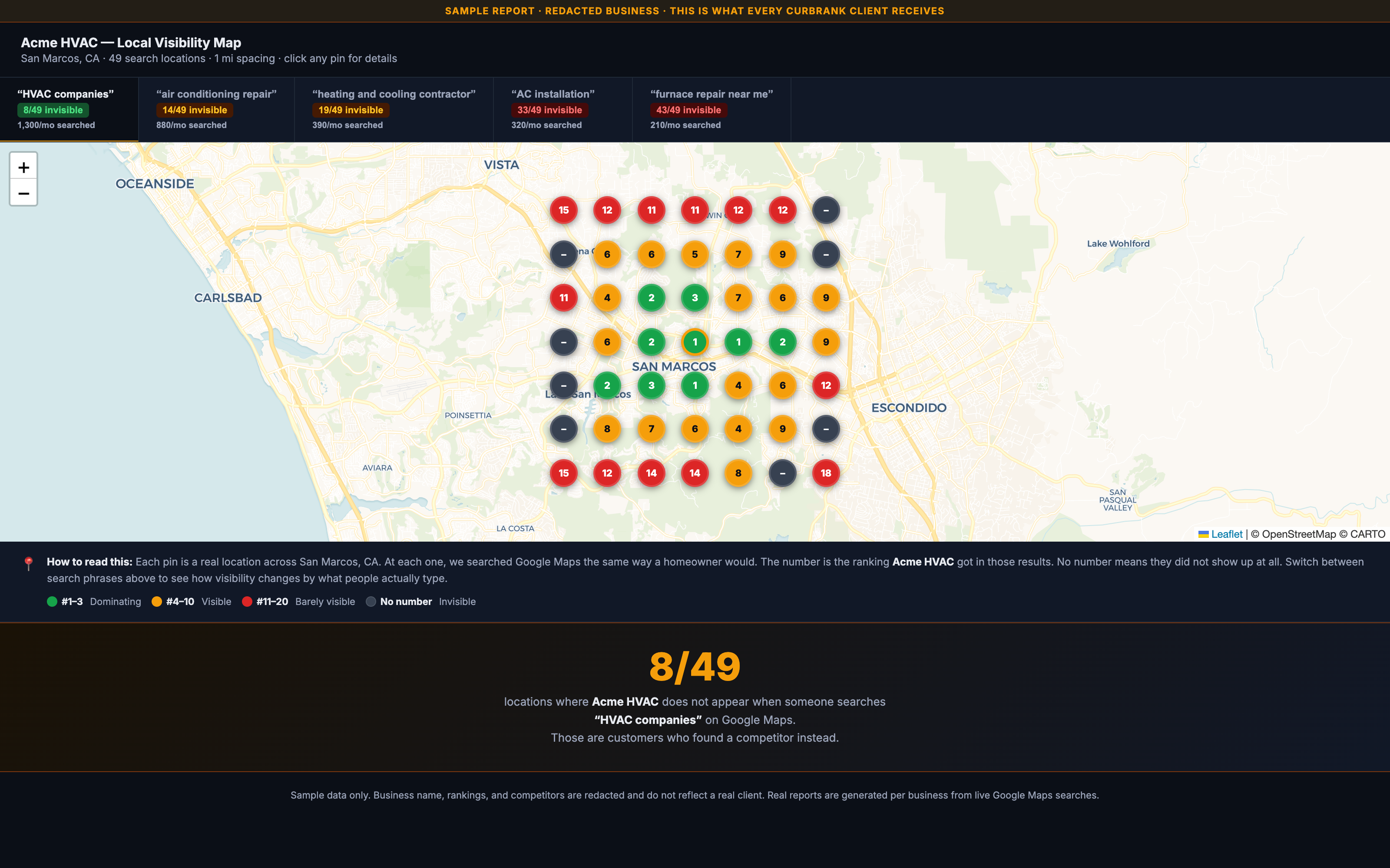 Sample local visibility map showing Google Maps rankings across a city